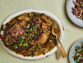 Slow-cooked lamb shoulder with figs, herbs and pistachios Slow-cooked lamb shoulder with figs, herbs and pistachios